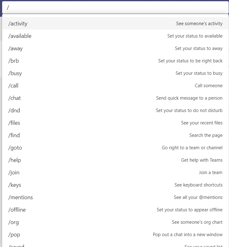 drop down menu of slash command feature of microsoft teams