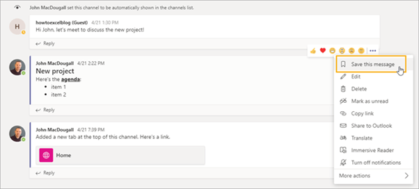 displays a message with a drop-down menu that has the option to bookmark the message in microsoft teams