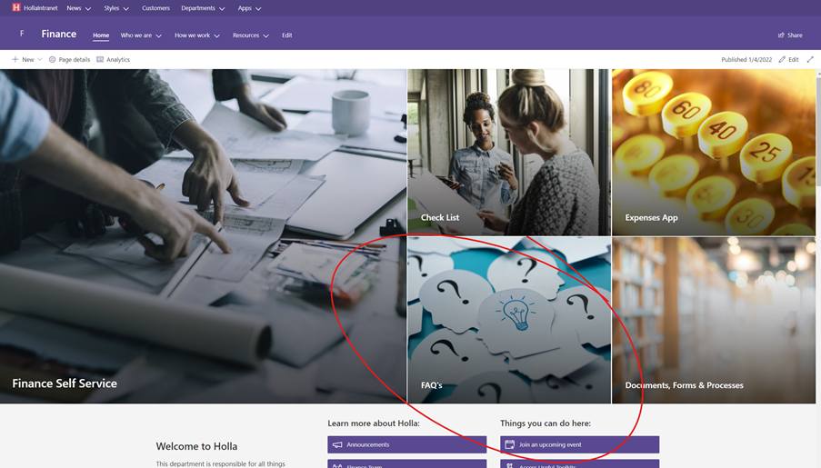Sharepoint homepage with FAQ's circled