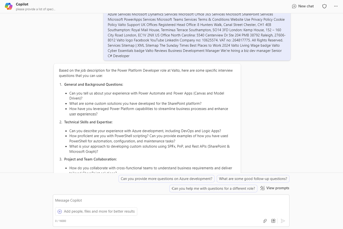 Microsoft Copilot creating job interview questions