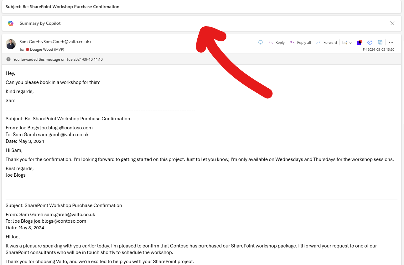 Microsoft Copilot for Outlook summary of email