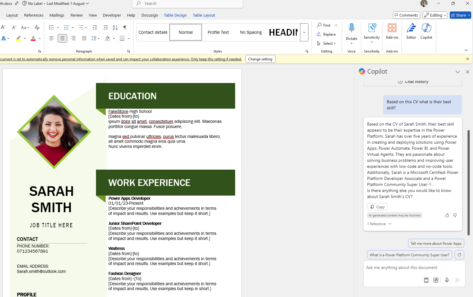 Sarah CV Example for Microsoft Copilot AI