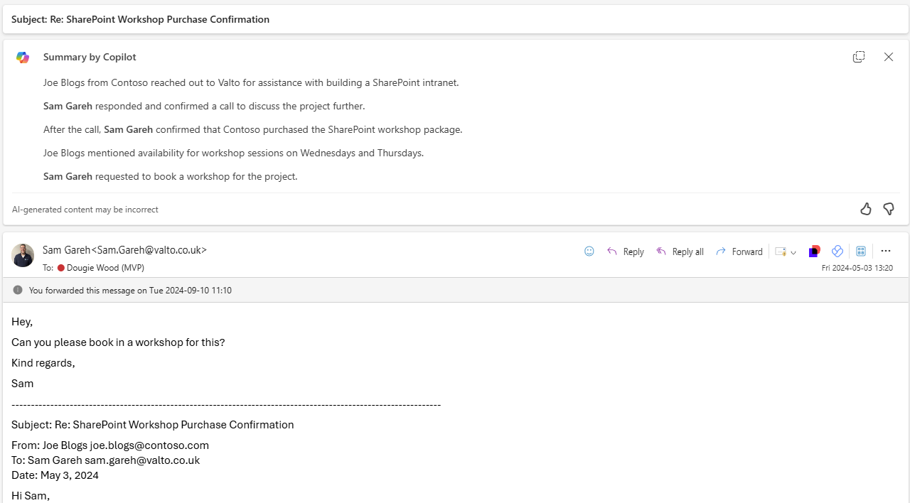 Summary of email in Outlook