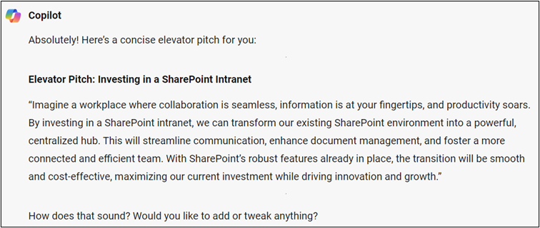 SharePoint Pitch written with Copilot