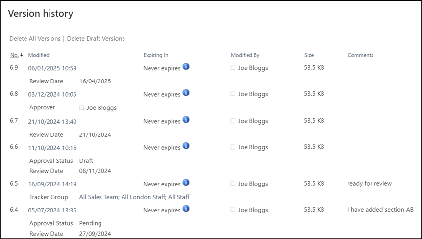 version history in sharepoint