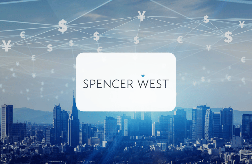 Spencer West logo over a blue city skyline, with interconnected currency symbols representing global finance.