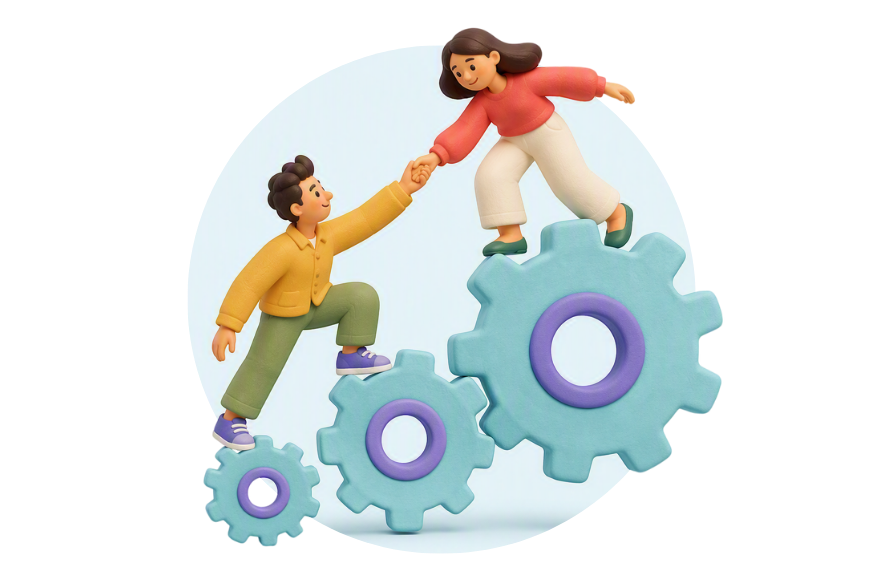 Woman helping man up on cogs