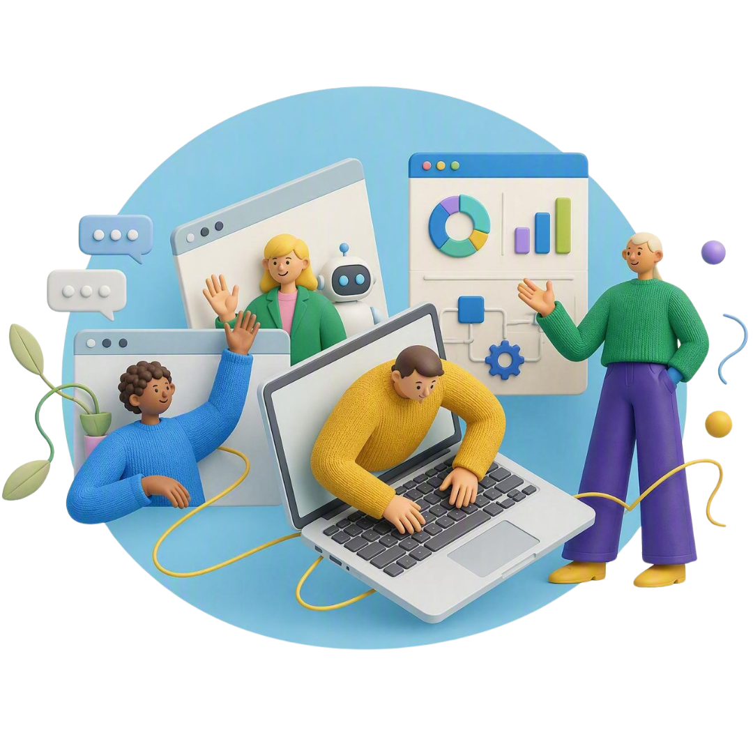 Various clay cahracters with technology illustrations