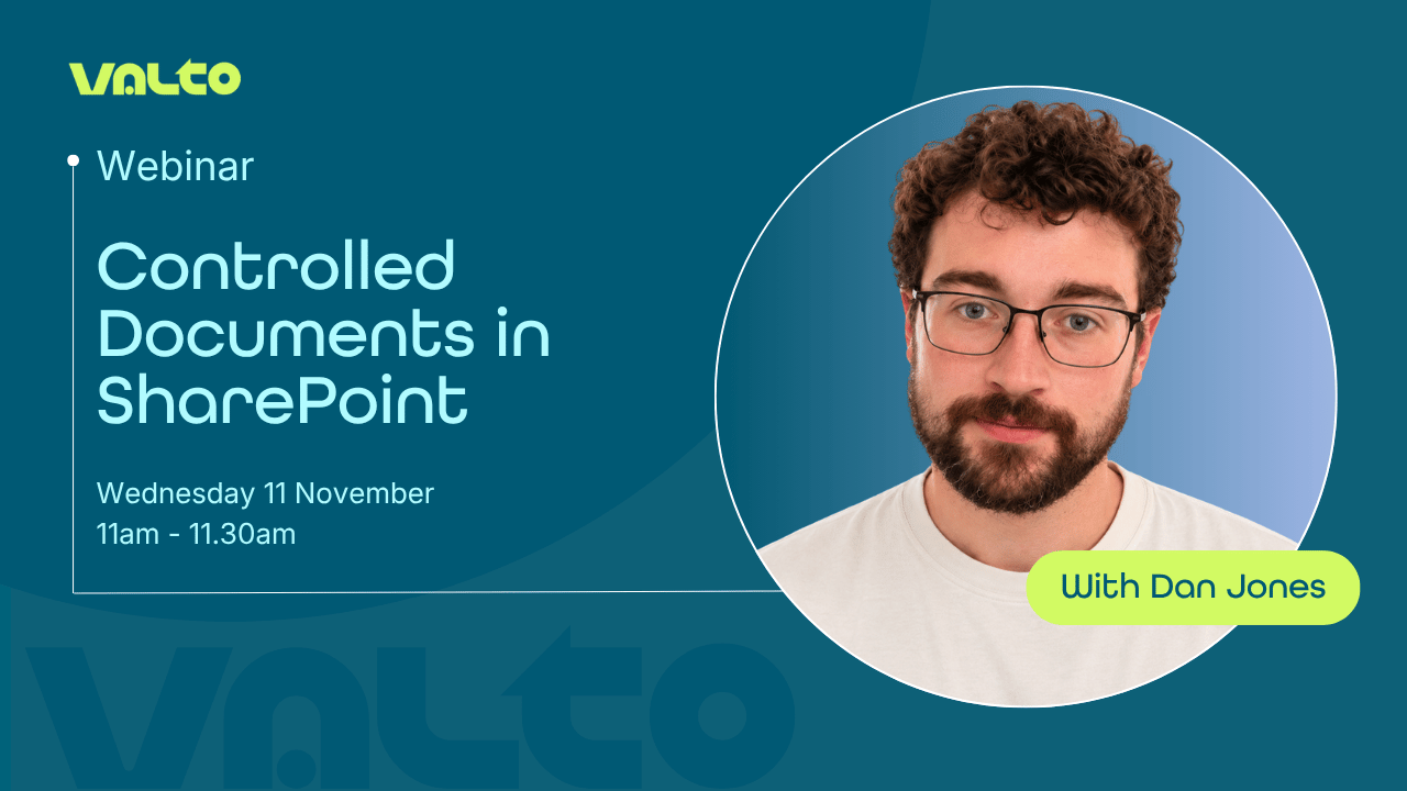 Promotional webinar graphic from Valto advertising a session titled “Controlled Documents in SharePoint”. The design features a teal background with the Valto logo, webinar label, event date and time of Wednesday 11 November, 11am–11.30am, alongside a circular headshot of the presenter. Text highlights the webinar topic and presenter name.