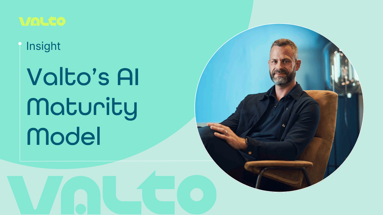Valto Insight graphic titled “Valto’s AI maturity model”, featuring a circular photograph of a person seated in a chair alongside Valto branding.